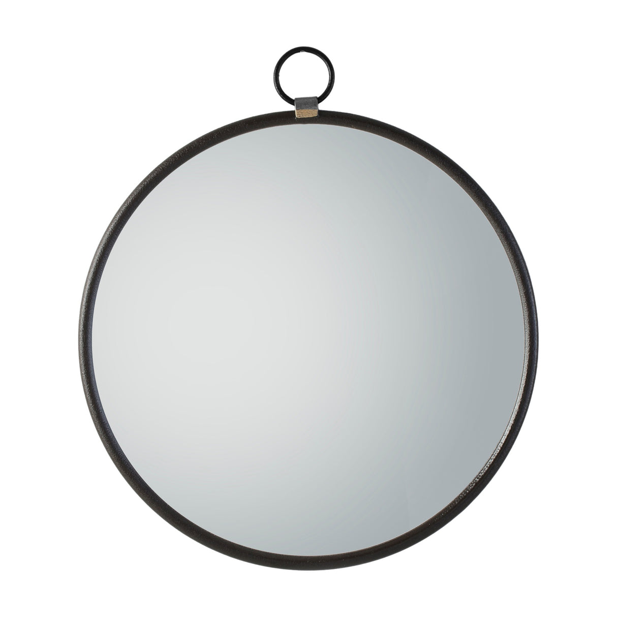 Gallery Direct Corvane Round Mirror with black iron frame and small ring detail at the top, shown against a plain white background.