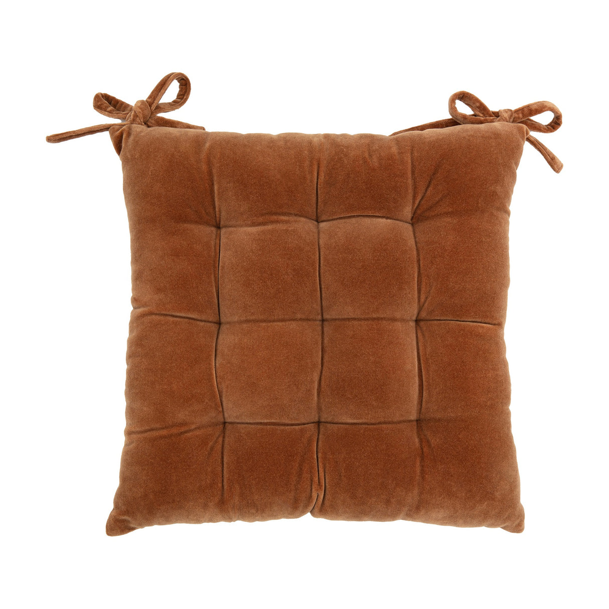 Gallery Direct Cotton Velvet Seatpad in tan with a tufted quilted grid top and two fabric ties at the back, shown on a plain white background.