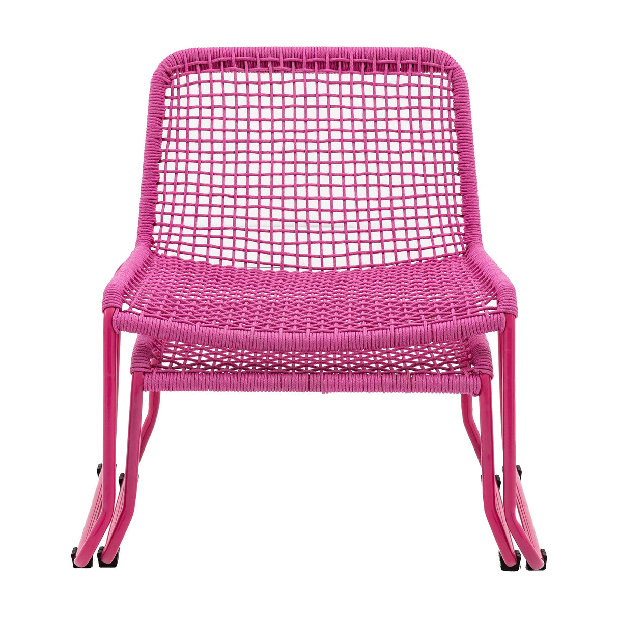 Sassvorne Rope Lounge Chair by Gallery Direct with pink hand-woven rope seat and back on a powder-coated steel sled base, on a white background.