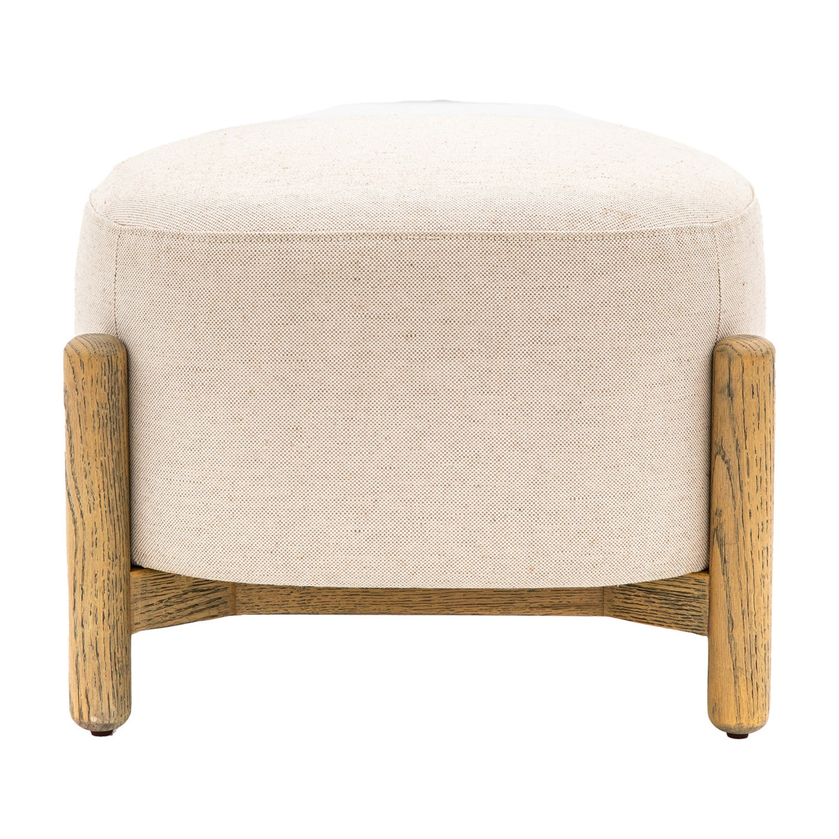 Gallery Direct Tinvane Upholstered Footstool with a rounded natural woven fabric seat on solid oak corner legs with a low cross rail, on white.