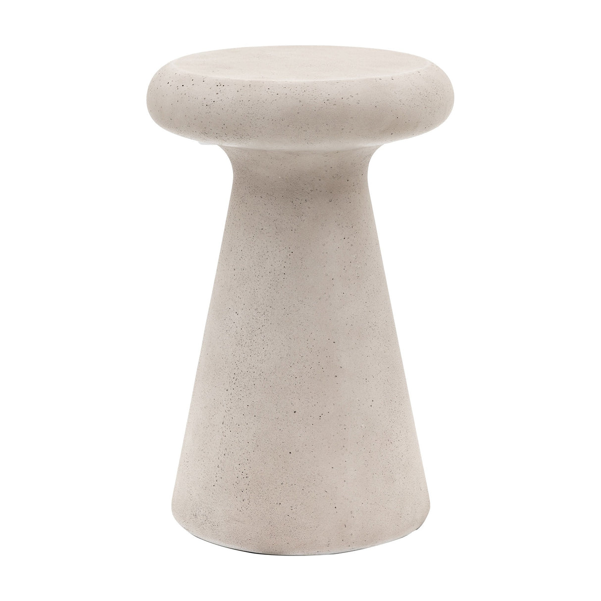 Gallery Direct Pavvane concrete side table with a rounded disc top on a tapered conical base in speckled grey, shown on a plain white background.