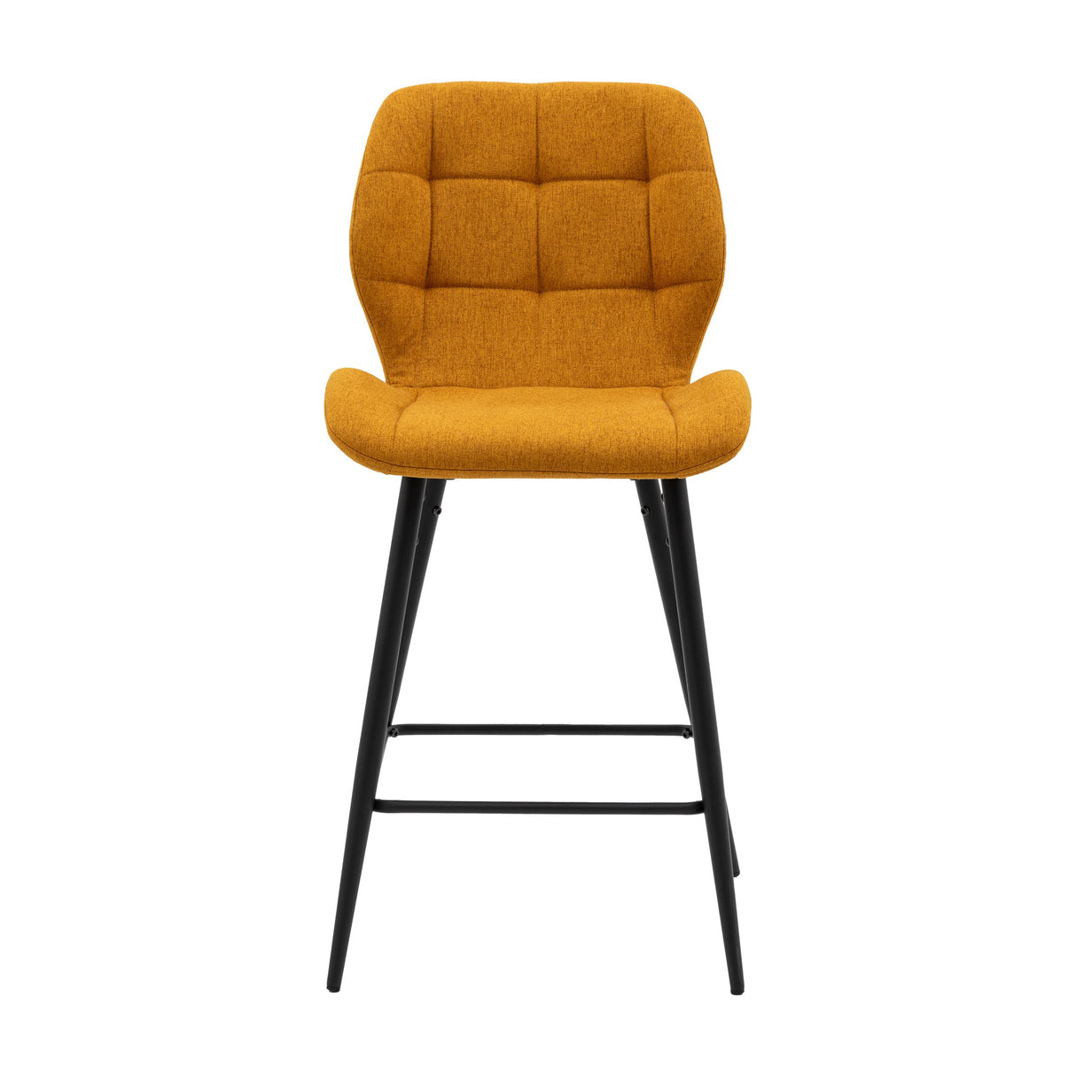 Gallery Direct Manvorne Upholstered Bar Stool in saffron yellow with square-quilted padded back and seat on tapered black metal legs with footrest.