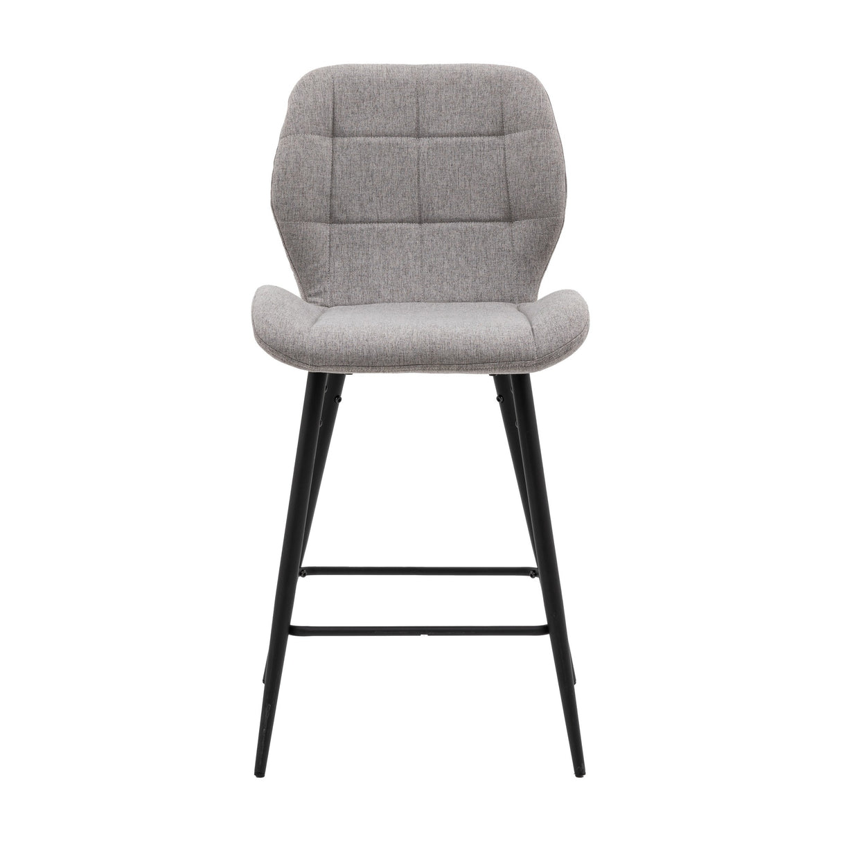 Gallery Direct Manvorne light grey upholstered bar stool with square-quilted padded back and seat on black tapered metal legs with footrest.