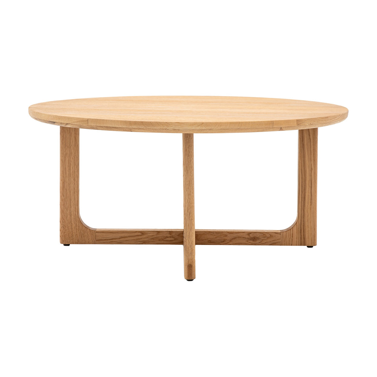 Gallery Direct Craft Round Coffee Table in natural oak with a circular top and curved cross-shaped solid oak base, shown on a plain white background.
