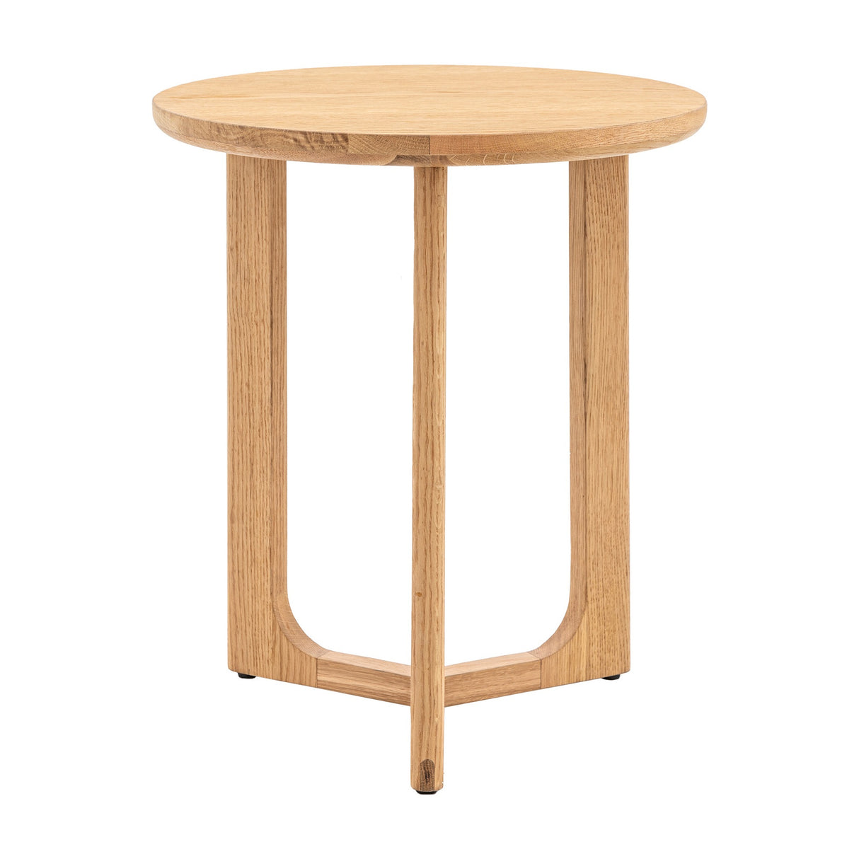 Gallery Direct Craft Round Side Table in natural oak, with a circular top and sculptural three-legged base with curved arches, on a white background.