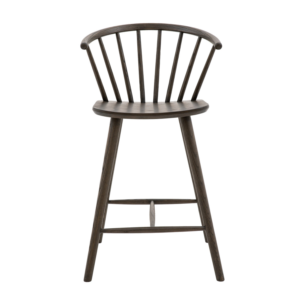 Gallery Direct Craft Spindle-Back Counter Barstool in mocha oak, with fanned Windsor spindle back, saddle seat and splayed legs with ring stretcher footrest.