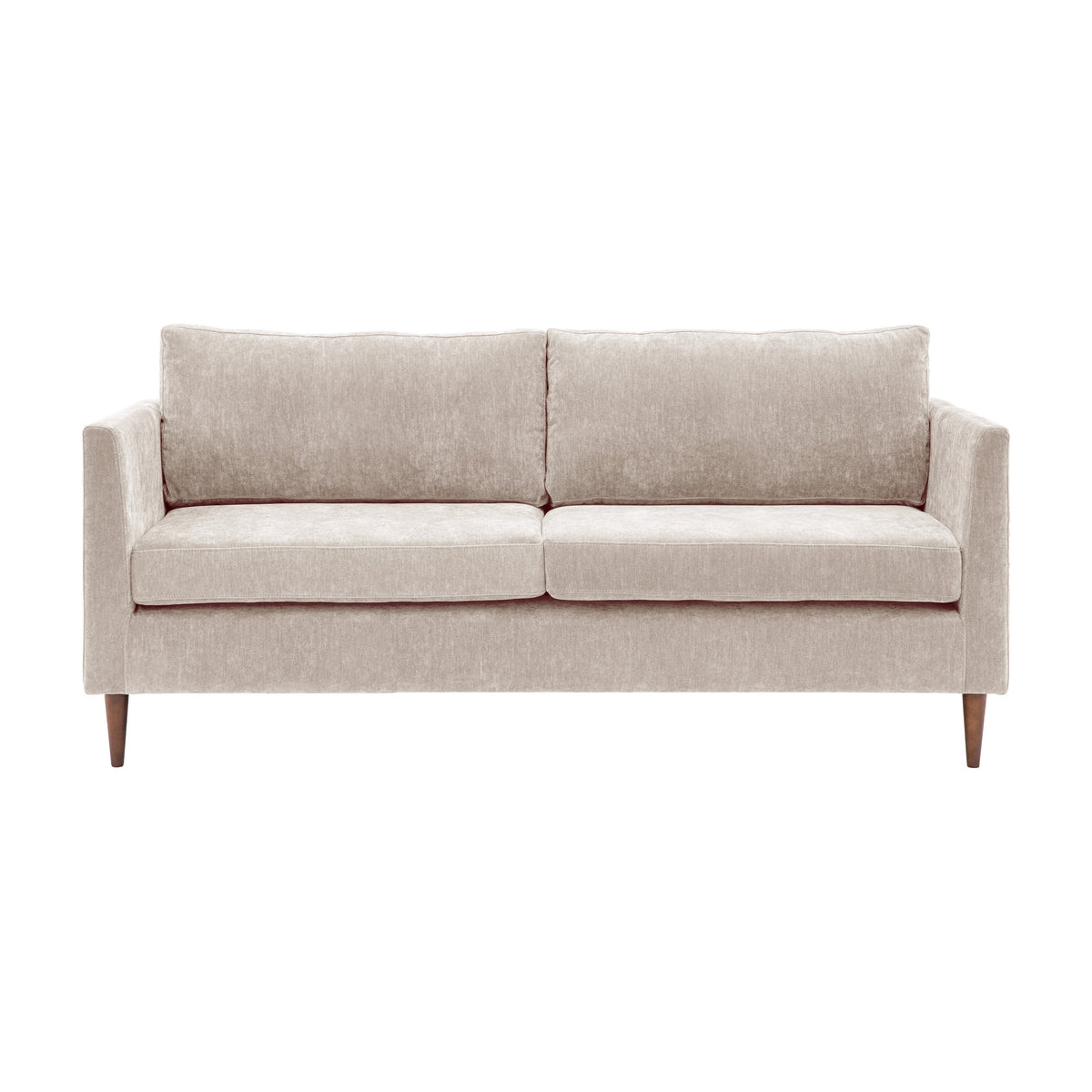 Gallery Direct Gatevorne 3 Seater Sofa in natural chenille-style fabric with track arms, two seat cushions and tapered mid-brown wooden legs.