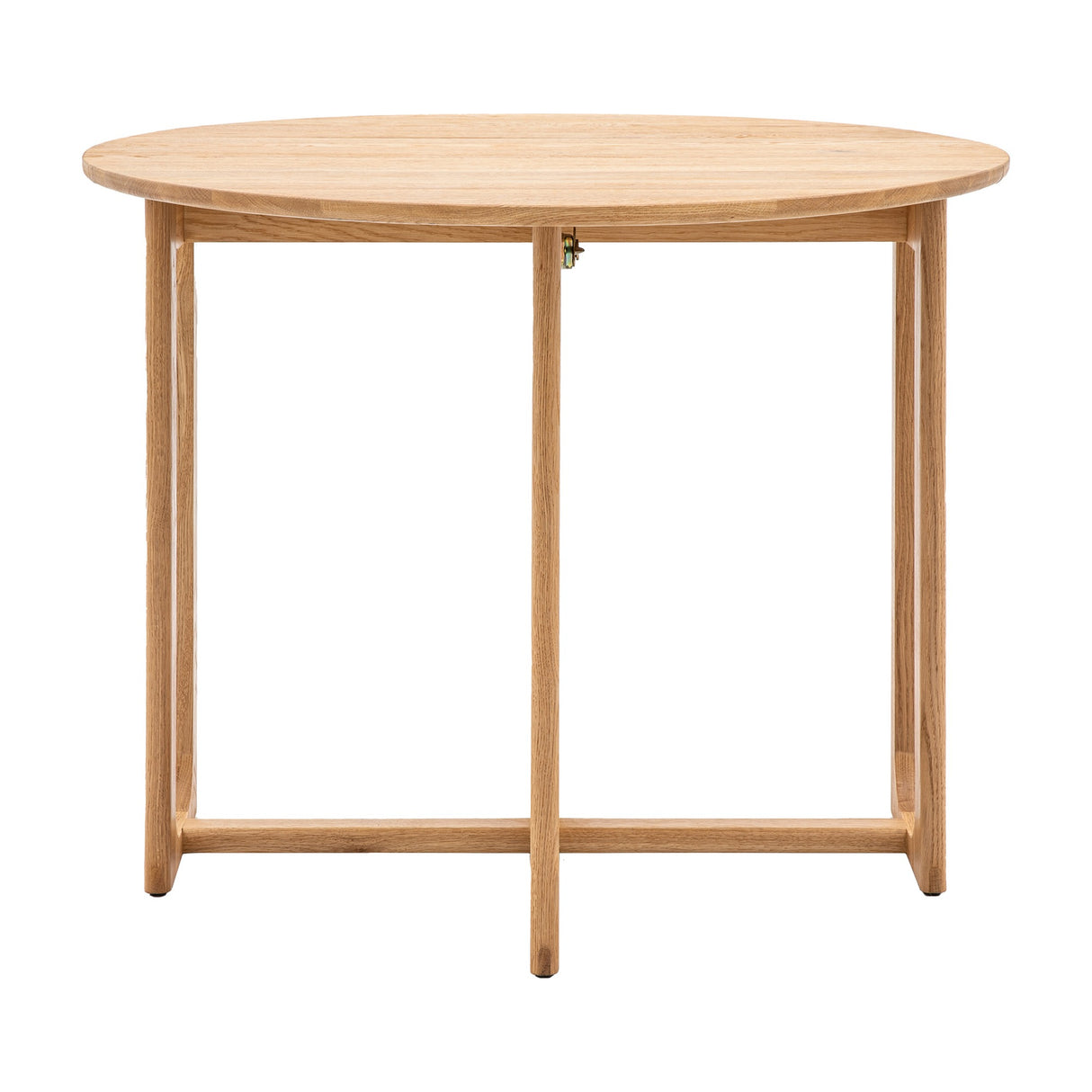 Gallery Direct Craft Folding Dining Table in natural solid oak, round top with slim tapered legs and folding stretcher base, on a plain white background.