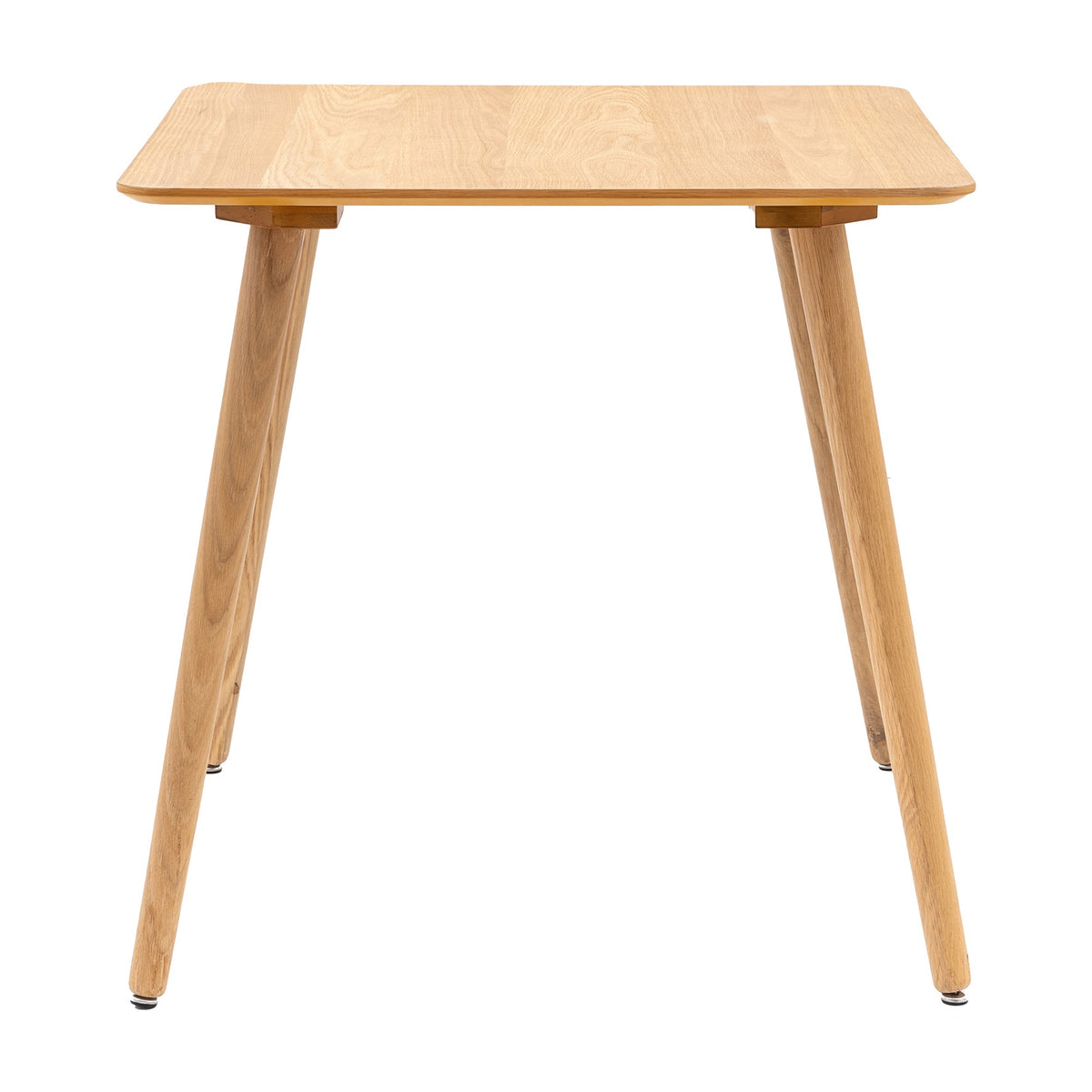 Gallery Direct Hatvenne Square Dining Table in natural oak veneer with rounded corners and tapered splayed wooden legs on a white background.