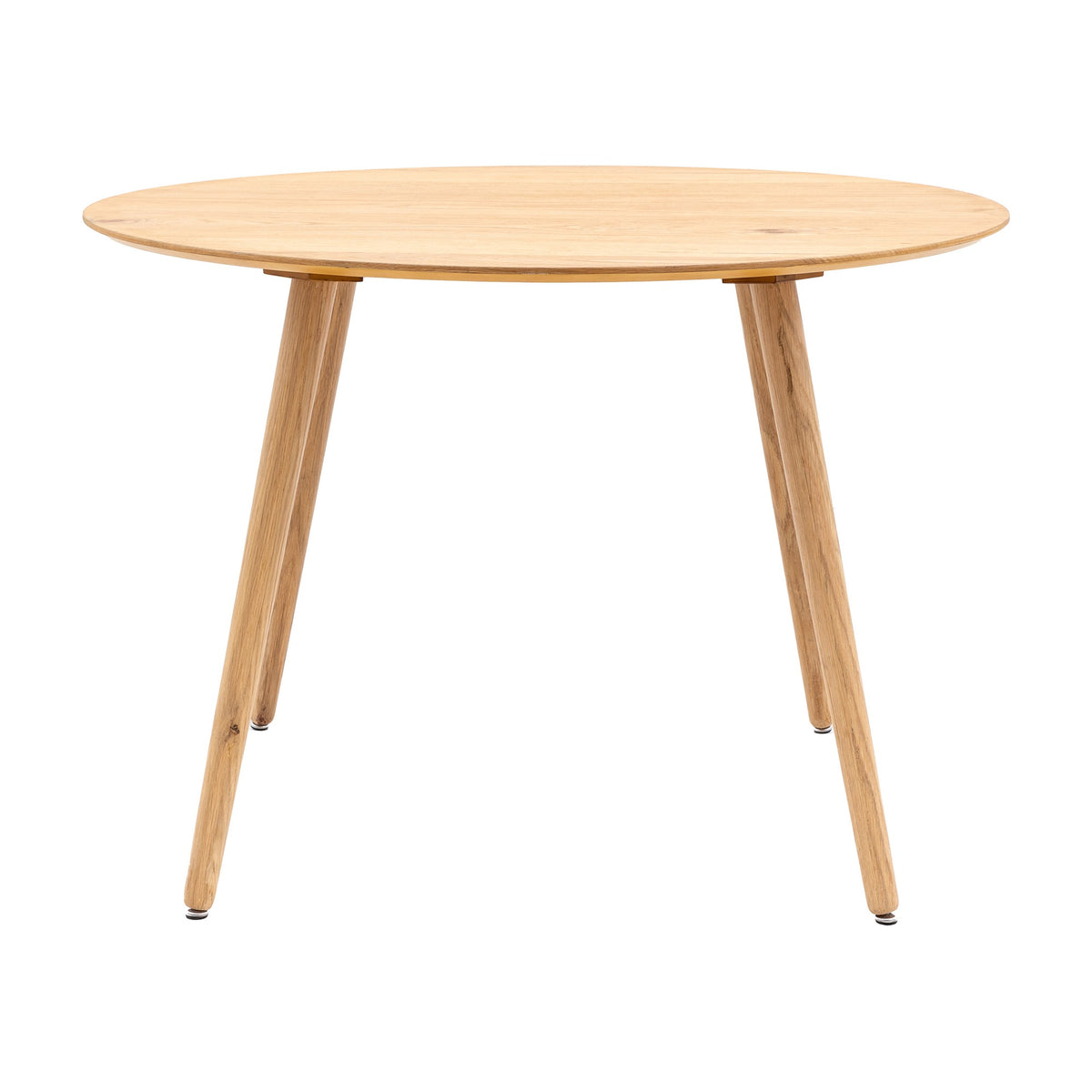 Gallery Direct Hatvenne Round Dining Table with natural oak veneer top and four tapered splayed wooden legs, shown on a plain white background.