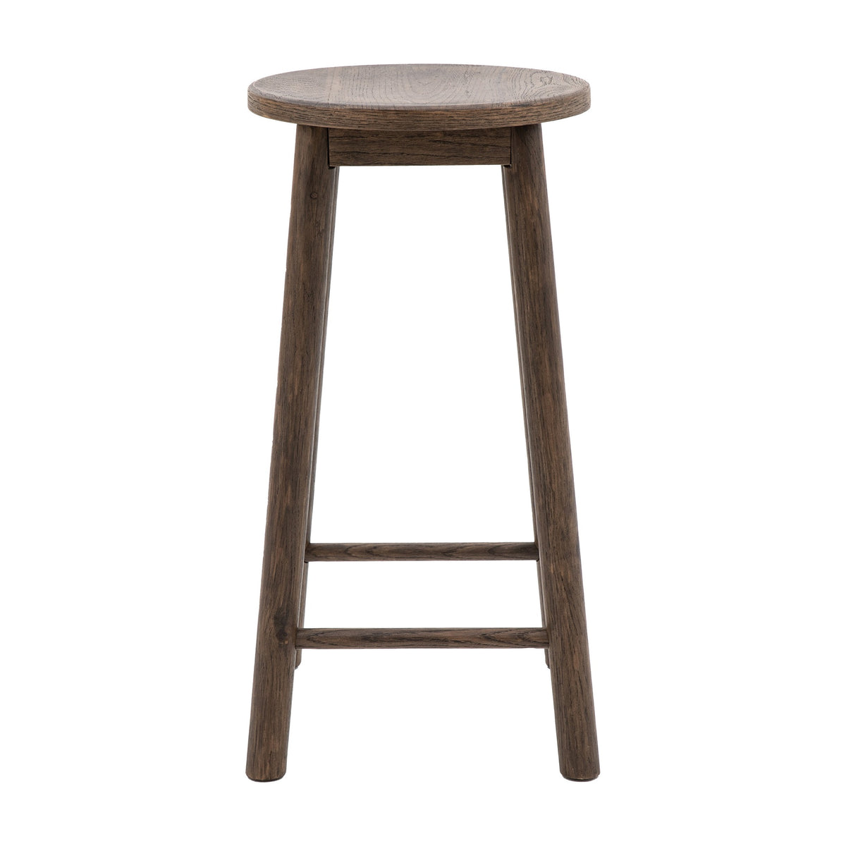 Gallery Direct Hatvenne Backless Bar Stool in smoked oak with a rounded dished seat, four tapered legs and twin stretcher bars, on a white background.