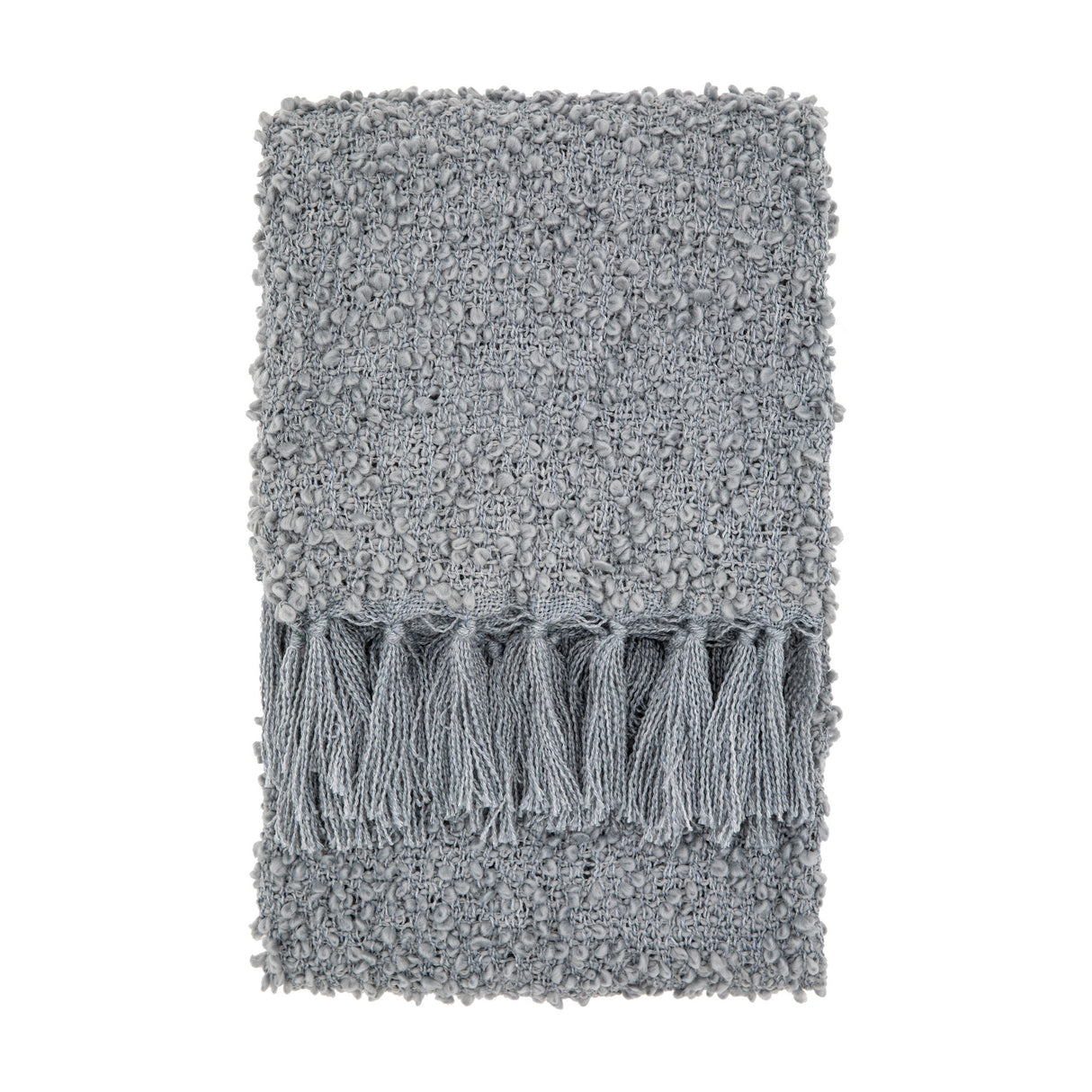 Gallery Direct Bolvane Textured Throw folded to show looped bouclé weave in grey with chunky knotted tassels along the end, on a white background.