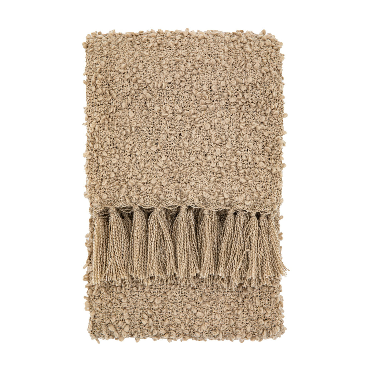 Gallery Direct Bolvane folded textured bouclé throw in putty beige PET yarn with chunky knotted tassels, shown on a plain white background.