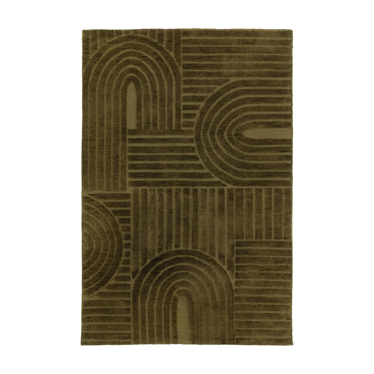 Gallery Direct Sasvane Geometric Arch Rug in green polyester with a high-low pile of curved arches and straight stripes on a white background.