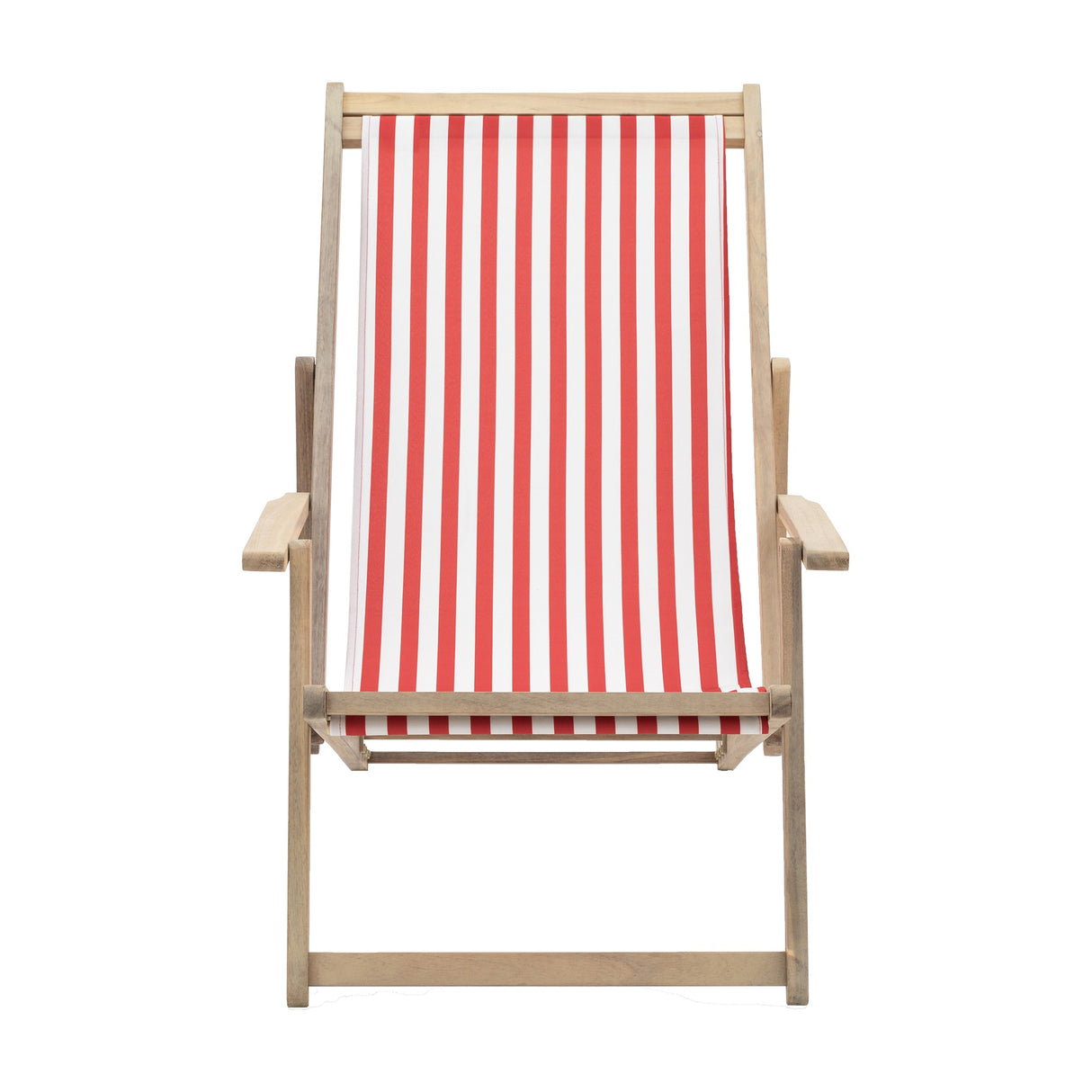 Gallery Direct Wooden Deck Chair with Armrests in red and white striped polyester sling on a folding acacia wood frame, plain white background.