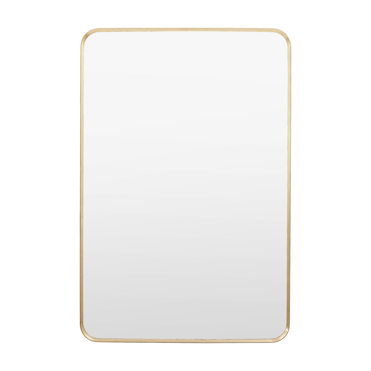 Sorvane Rectangle Mirror in gold by Gallery Direct, a slim aluminium wall mirror with rounded corners, shown on a plain white background.