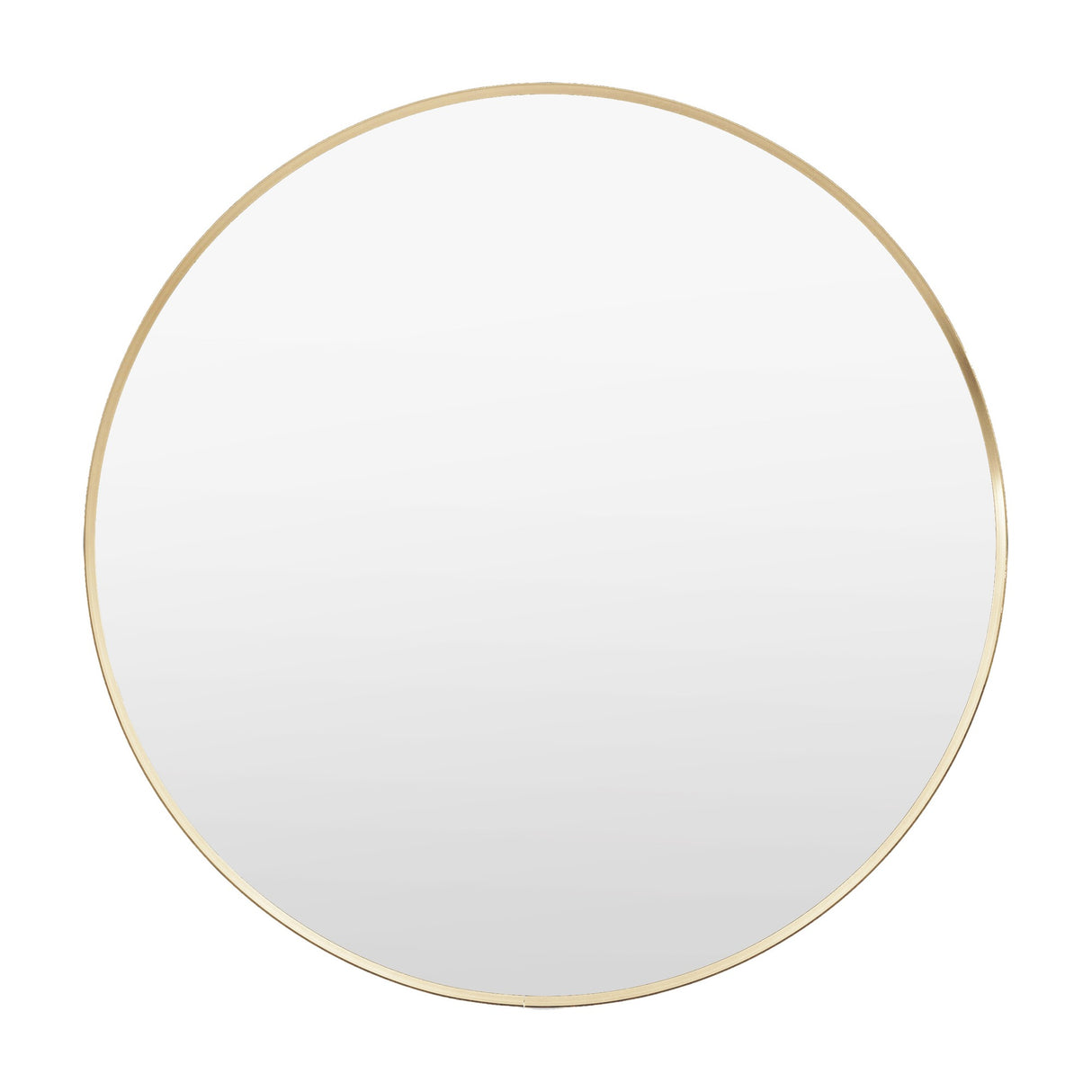 Sorvane Large Round Mirror in gold by Gallery Direct, featuring a slim aluminium rim around a clear circular glass plate on a white background.
