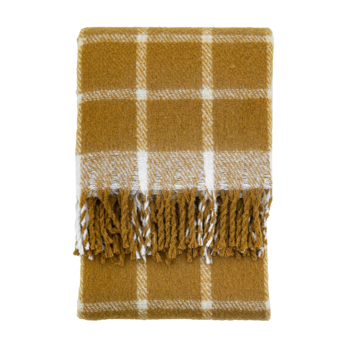Gallery Direct Poly Faux Mohair Check Throw in mustard with white windowpane check and knotted fringe, folded on a white background.