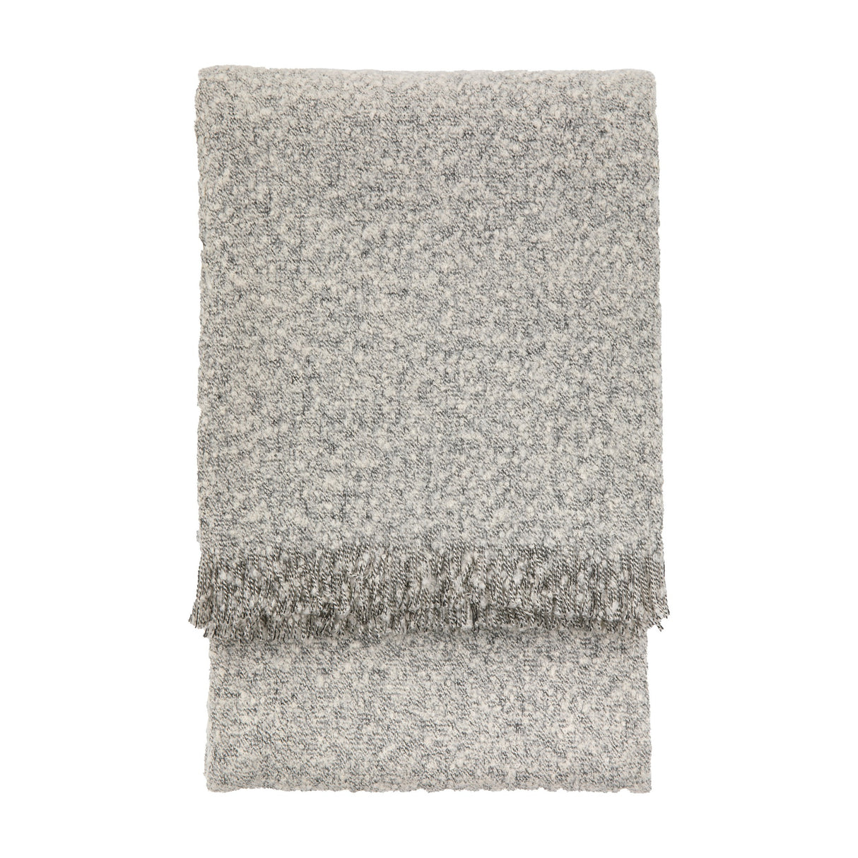 Gallery Direct Melange Bouclé Throw in light grey, folded to show the nubbly two-tone looped weave and tasselled fringe on a white background.