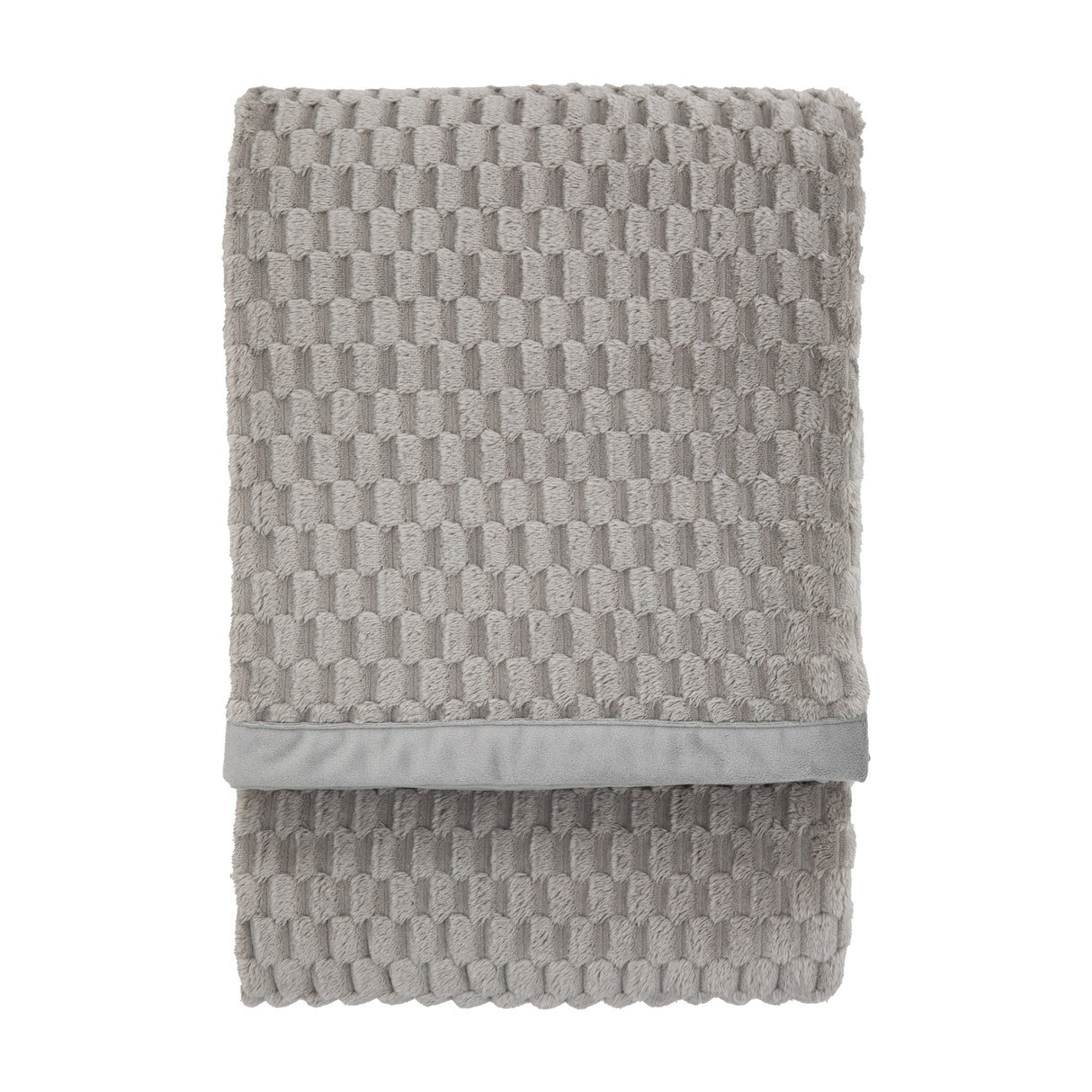 Gallery Direct Jacquard Velvet Knitted Throw in grey, folded to show the raised basketweave texture and plain bordered edge on a white background.