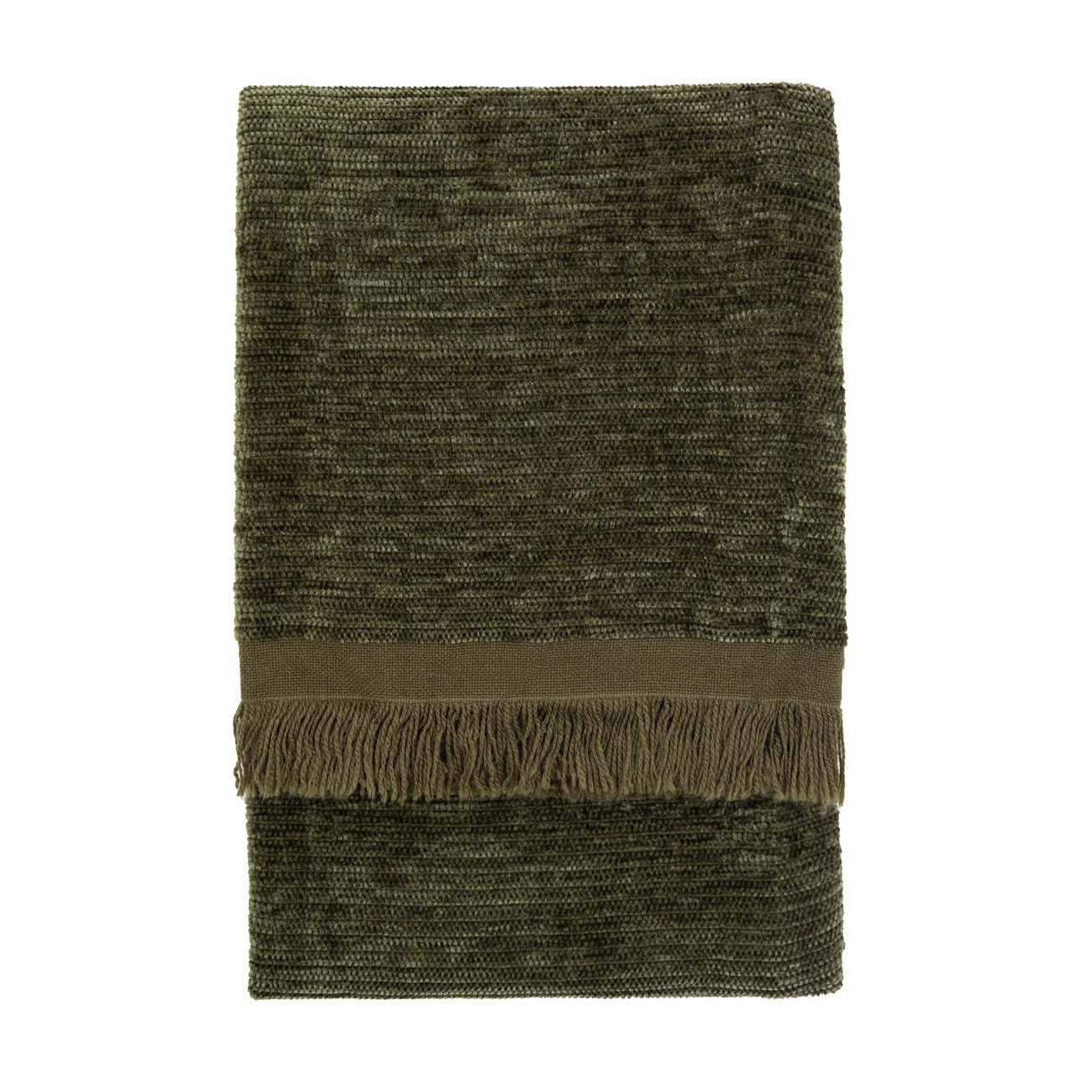 Gallery Direct Willow khaki green chenille throw folded to show two-tone melange weave and knotted fringe along the woven border.