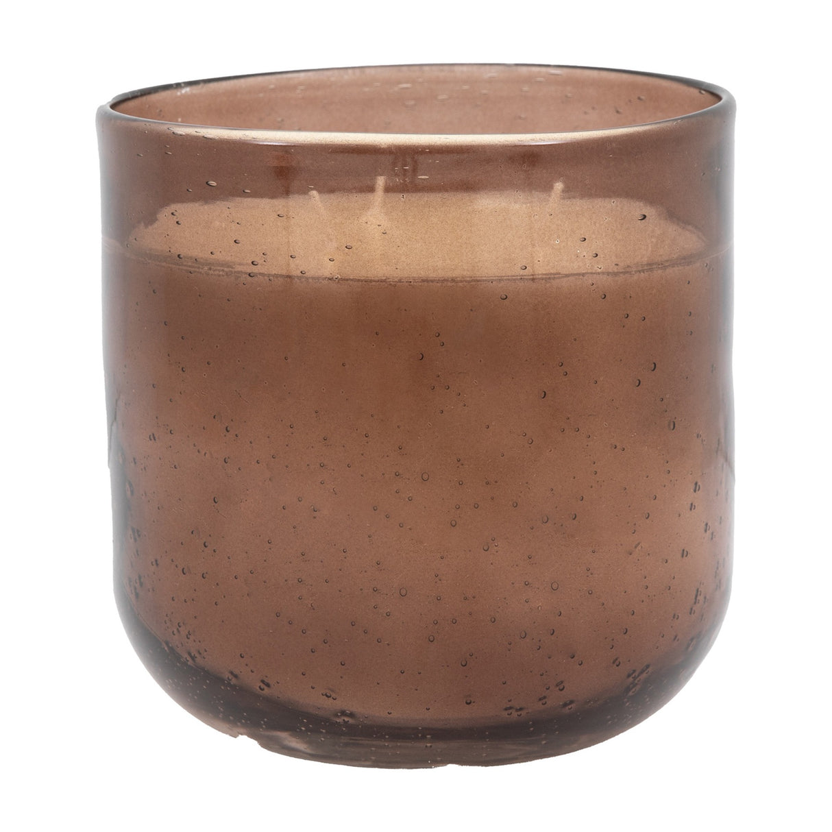 Gallery Direct Glass Filled Candle in brown, a multi-wick paraffin candle set in a rounded seeded glass vessel with a bubbled tinted finish.
