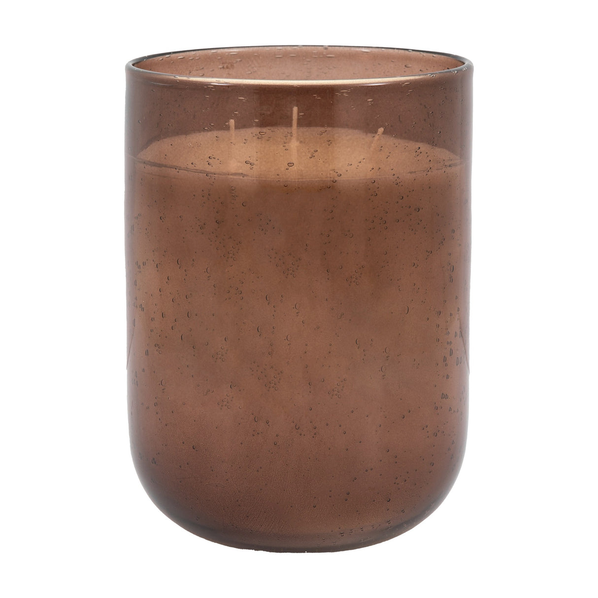 Gallery Direct brown multi-wick paraffin candle in a rounded seeded glass vessel with bubbled tinted finish, on a white background.