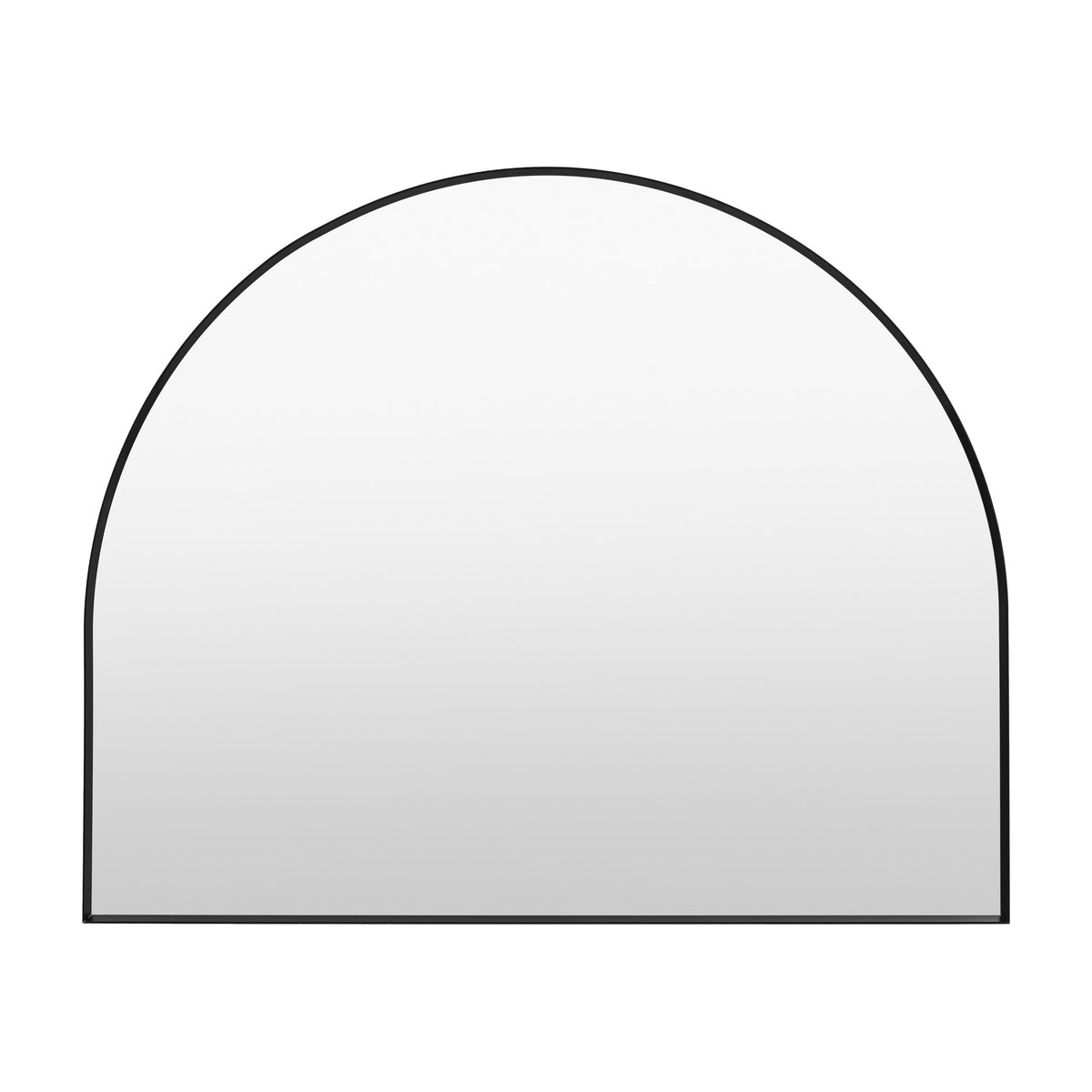 Gallery Direct Sorvane Overmantle Mirror in landscape arch shape with slim matt black metal frame and flat base, shown on a plain white background.