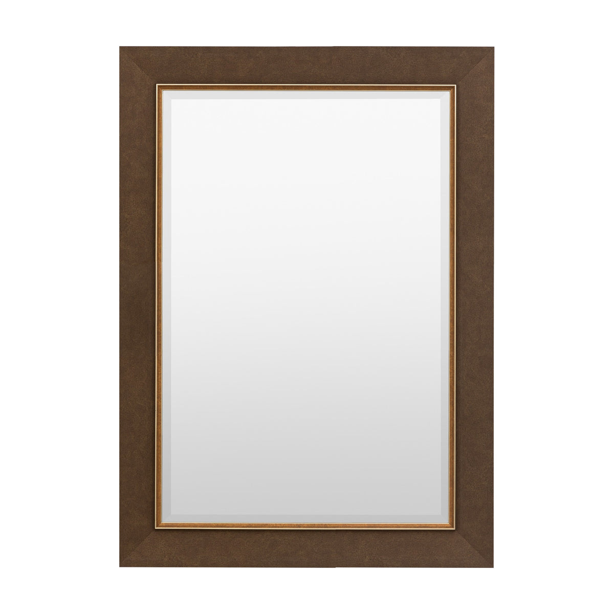 Gallery Direct Corveth Rectangle Mirror in bronze, with a wide textured frame, slim gold inner lip and bevelled glass, shown on a white background.