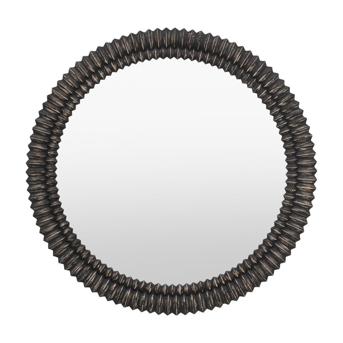 Gallery Direct Ravinn Round Mirror in Black Wash with a ridged pleated MDF frame and pale highlights along the fluted edge, on a white background.