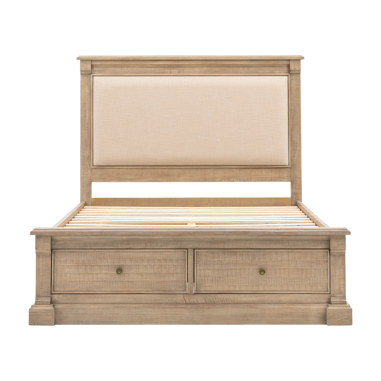 Gallery Direct Vanvorne Storage Bed with cream upholstered headboard, light washed pine frame, slatted base and two footboard drawers with round metal knobs.