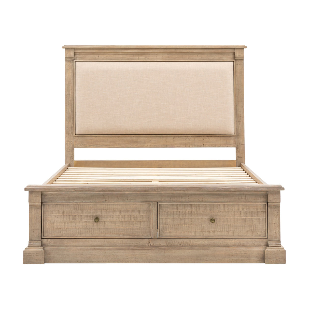 Gallery Direct Vanvorne Storage Bed with cream upholstered headboard, light washed pine frame, slatted base and two foot-end drawers with round metal knobs.