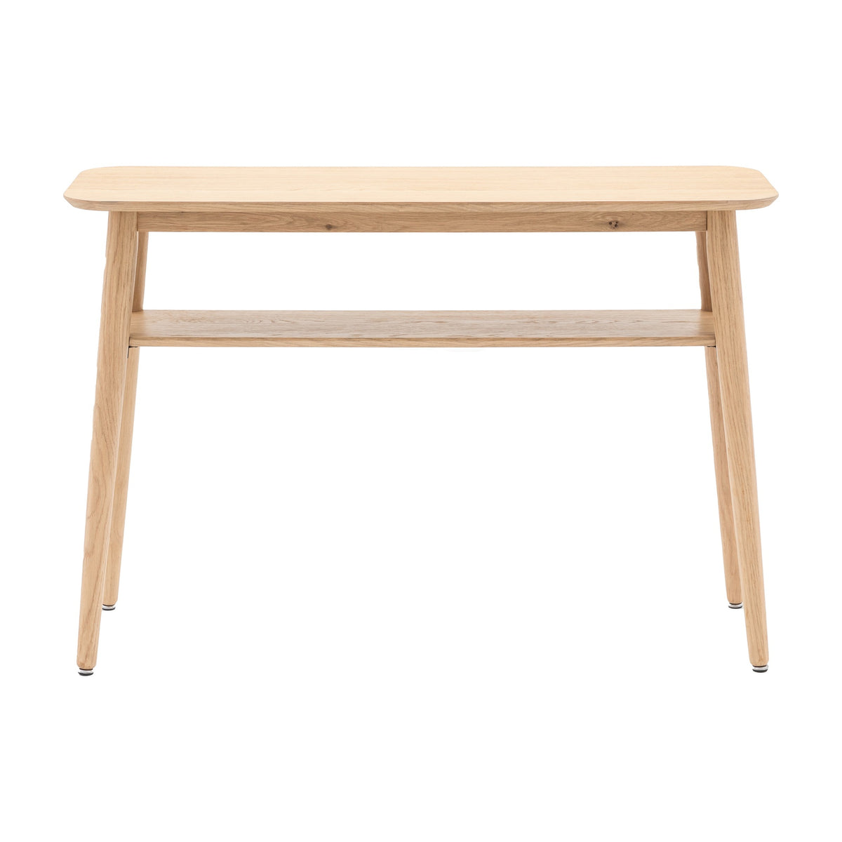 Gallery Direct Hatvenne Console Table in natural oak veneer with rounded top, lower shelf and tapered splayed legs on a white background.