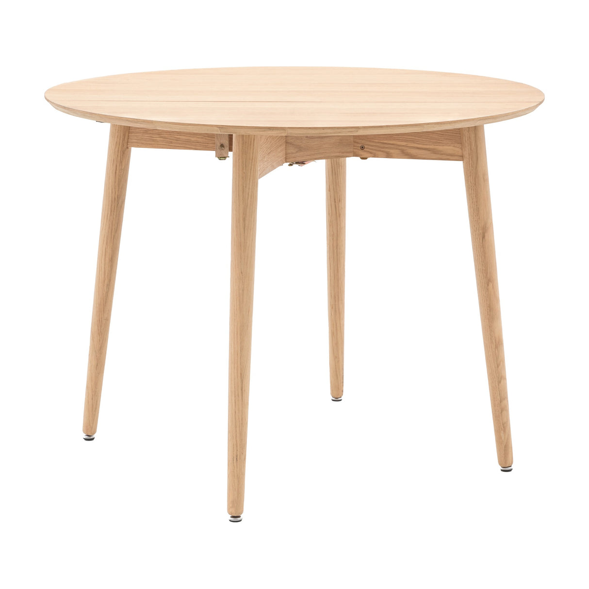 Gallery Direct Hatvenne Folding Round Dining Table in natural oak with tapered legs and drop-leaf top, shown on a plain white background.