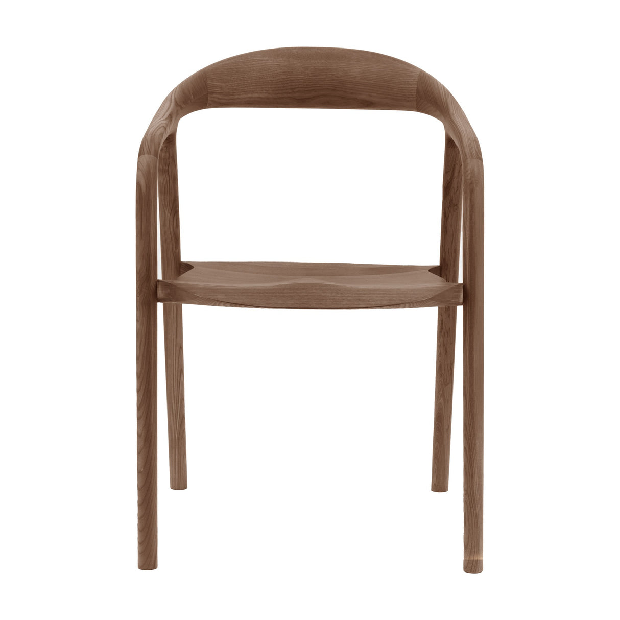 Gallery Direct Madrelle solid ash dining chair in walnut finish with curved backrest, bowed arms, dished seat and tapered legs on a white background.