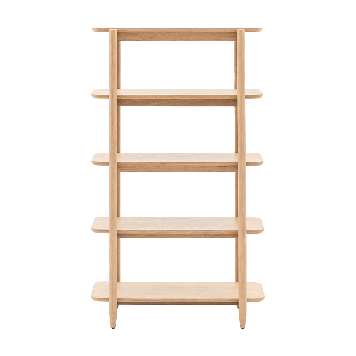 Gallery Direct Hatvenne Open Display Shelving Unit in natural oak veneer with five tiered shelves, tapered legs and slim uprights on a white background.
