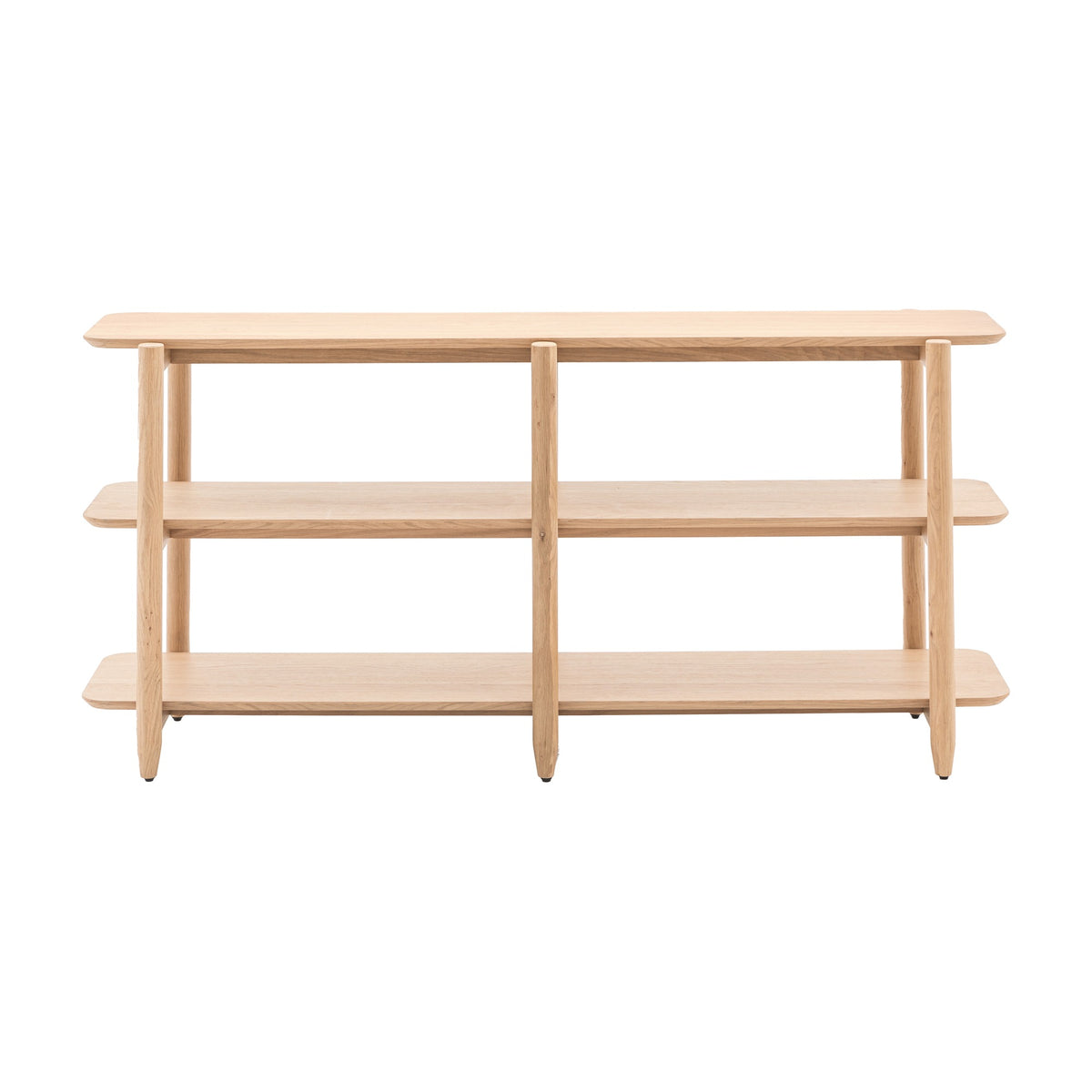 Gallery Direct Hatvenne low open display shelving unit in natural oak veneer with three tiered shelves and tapered legs on a plain background.