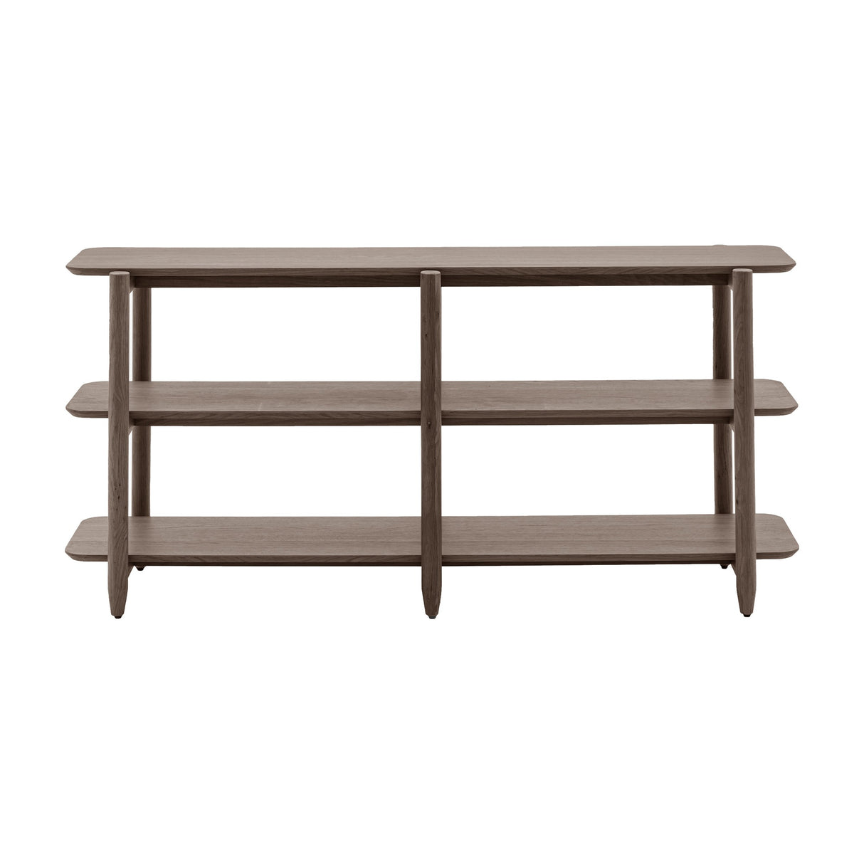 Gallery Direct Hatvenne low open display shelving unit in oak veneer with three tiers, tapered legs, and rounded edges, on a white background.