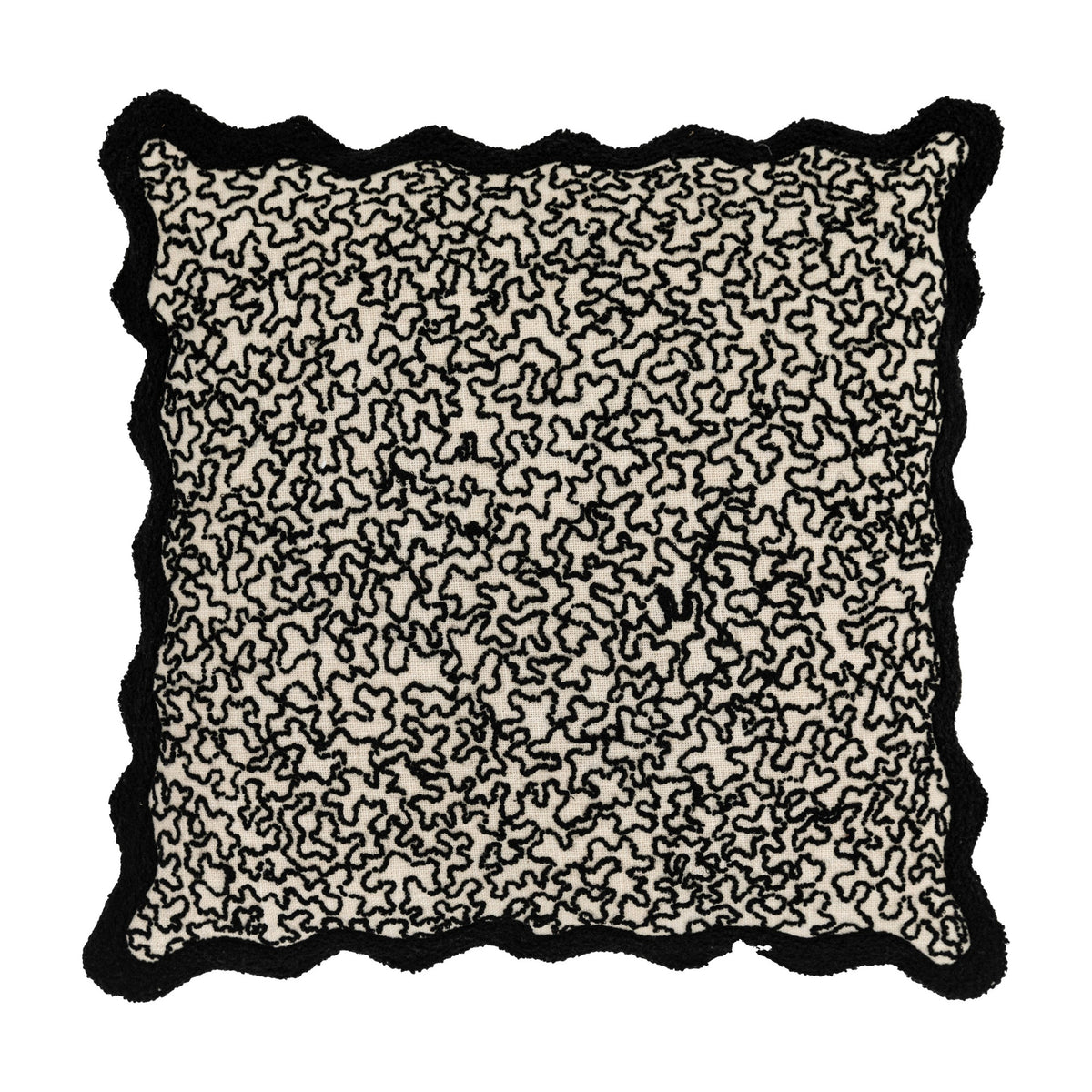 Gallery Direct Tabvane square cotton cushion with black squiggle print on natural ground and tufted scalloped black border, on white.