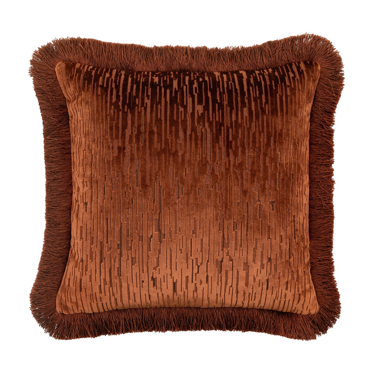 Gallery Direct Cut Velvet Fringe Cushion in terracotta, a square 50cm cushion with linear cut velvet pattern and all-round woven fringe trim.