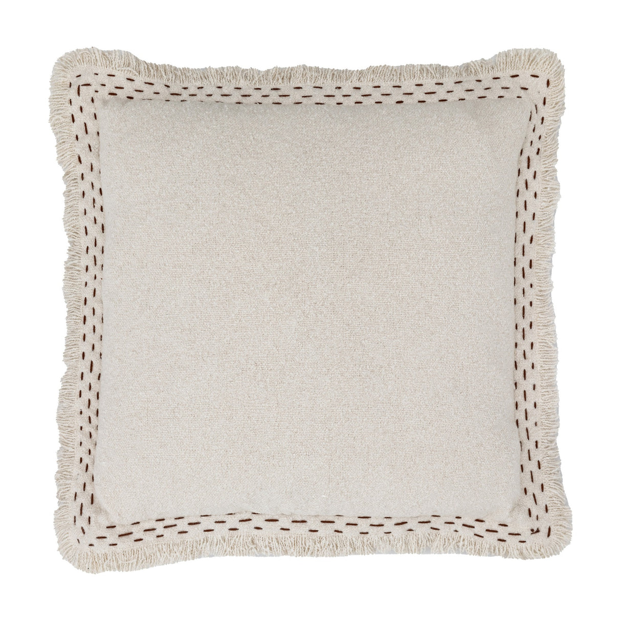 Gallery Direct Harmvane square cushion in ivory cotton and acrylic with brushed fringe trim and dark hand-stitched running stitch border.