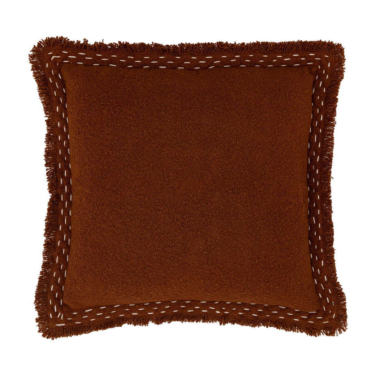 Gallery Direct Harmvane square cushion in rust woven cotton blend with brushed fringe trim and cream hand-stitched contrast border on white.