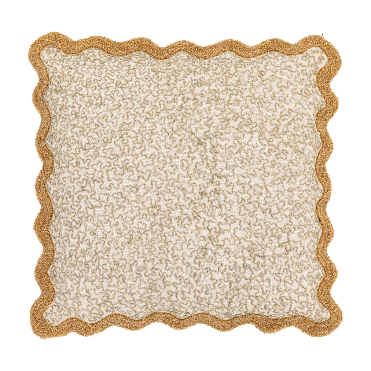 Gallery Direct Tabvane feather filled square cushion in natural cotton with printed squiggle pattern and tufted scalloped border on a white background.