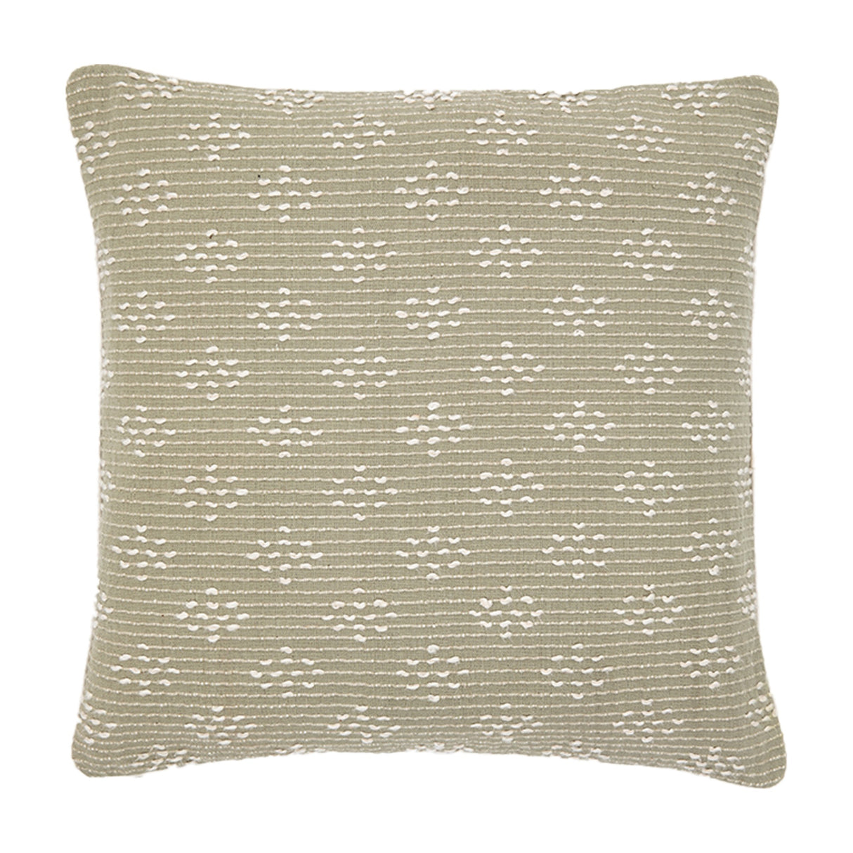 Gallery Direct Lanvane Woven Cushion in sage green cotton with ribbed texture and scattered ivory dot motifs, square 45cm form on a white background.