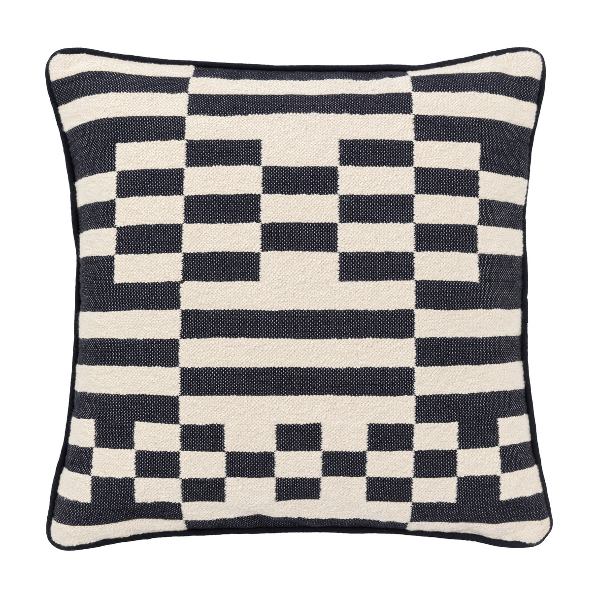 Gallery Direct Lohvane Woven Cushion in Ink, square cotton cover with woven checkerboard and stripe pattern in navy and cream with piped edge.