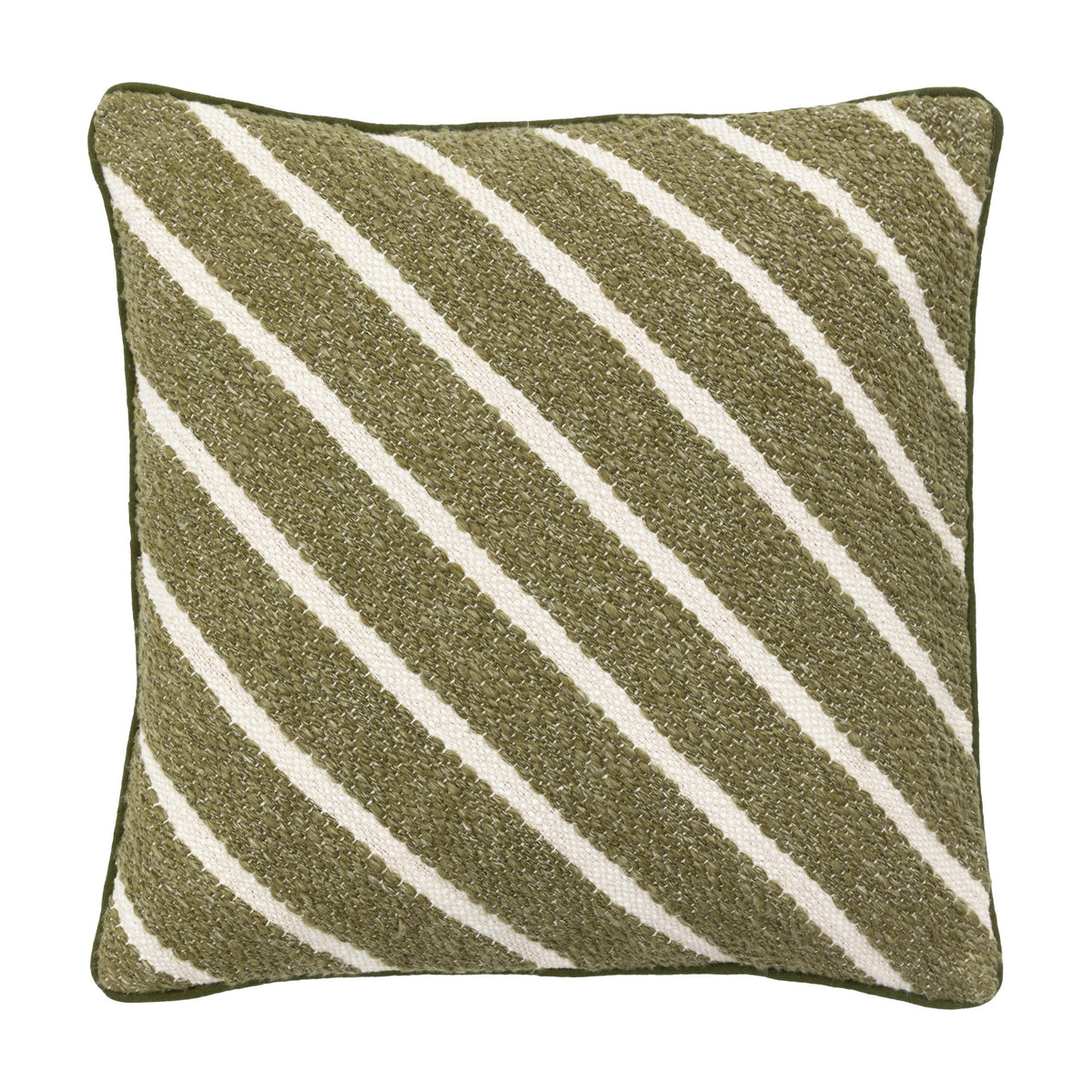 Gallery Direct Hemvane Stripe Woven Cushion in olive and cream with diagonal textured stripes and piped edge, on a plain white background.