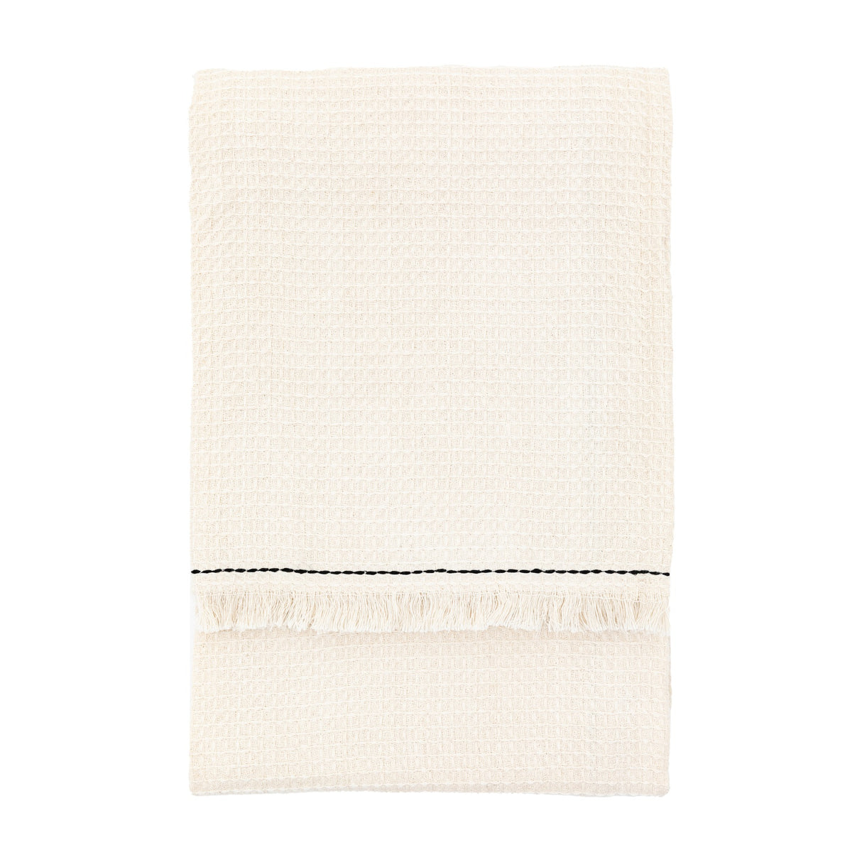 Gallery Direct Stitched Border Waffle Throw in cream cotton, folded to show waffle weave, black contrast stitch line and fringed ends on a white background.