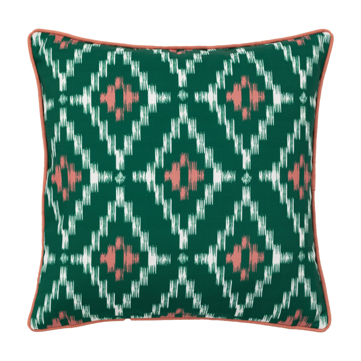 Gallery Direct Arovane square cushion with green ikat diamond print, pink and cream motifs, and contrast apricot piped edges on a white background.