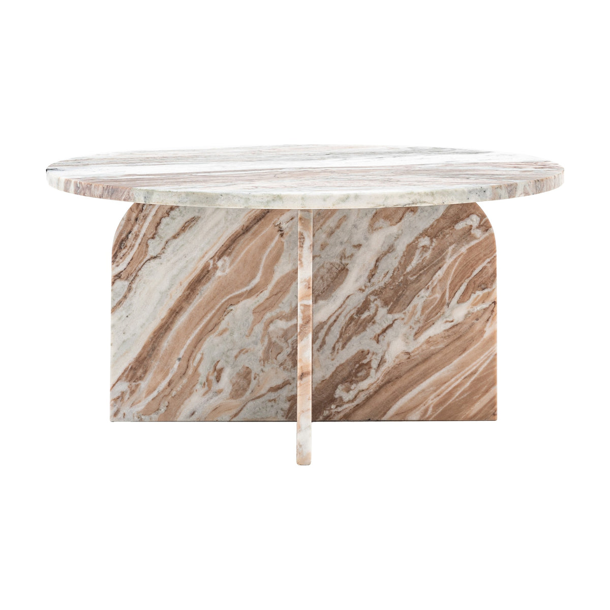 Gallery Direct Amrisse round marble coffee table in natural brown and cream veining on a cross-shaped twin arched slab base, white background.
