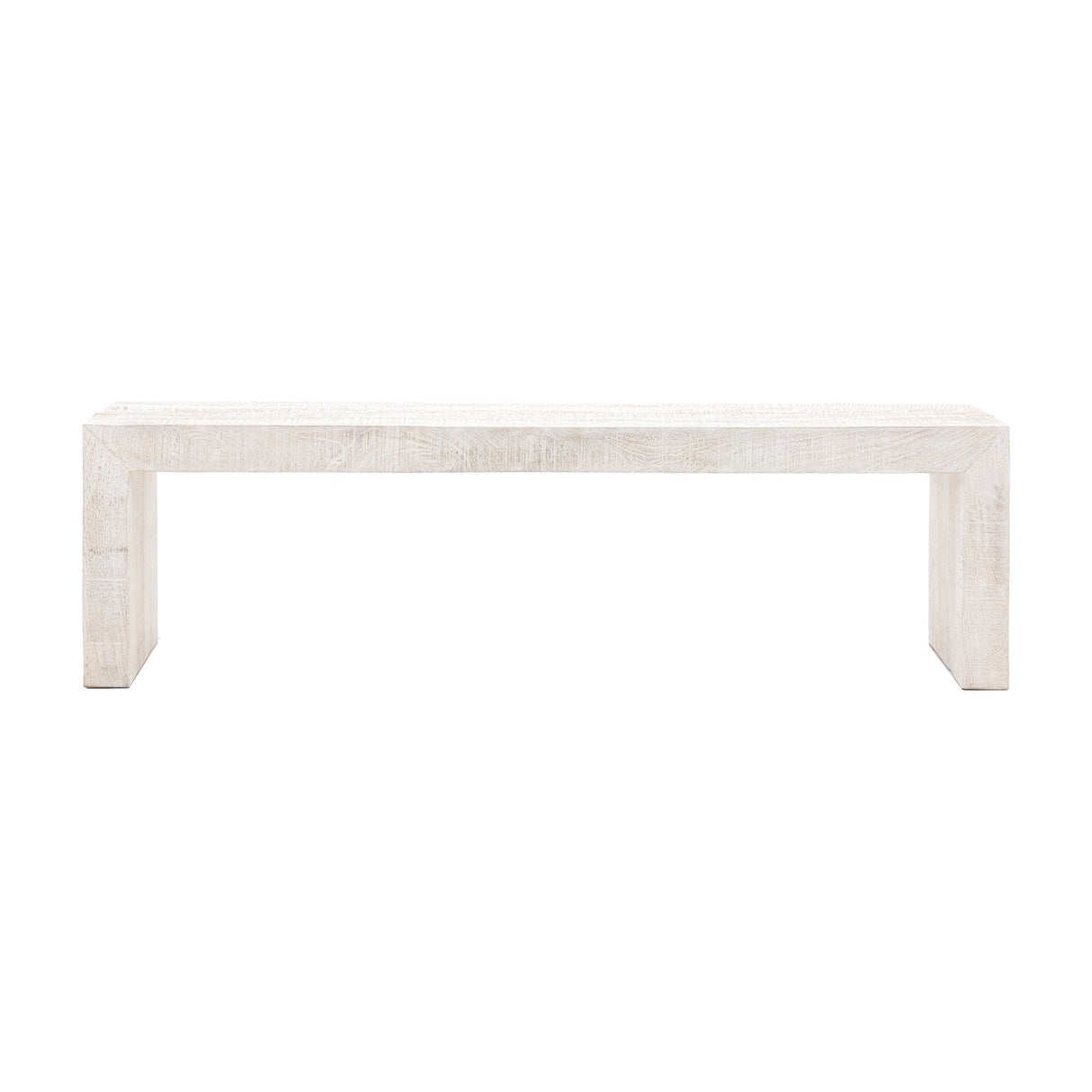Gallery Direct Iovane Dining Bench in whitewashed mango wood with a waterfall design, square edges and visible grain, shown on a plain white background.